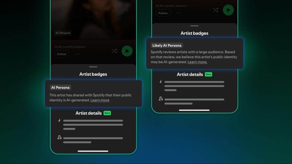 公式機能紹介画像／Spotify：Spotifyに「AI Persona」表示へ。AIアーティストと、AIを使った音楽は同じ？
